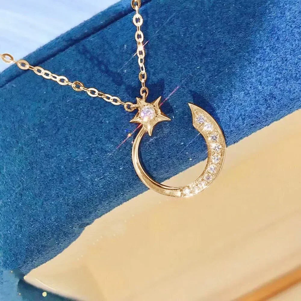 Crystal Shiny Micro Pave Moon Star Gold Trendy Necklace for Women, INDN8645 - Picture 2 of 5